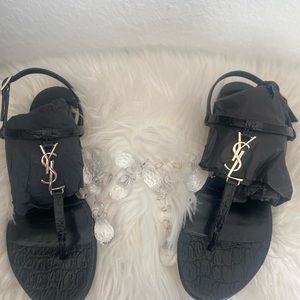 Saint Laurent Casandra Sandal Crocodile Embossed Leather & Silver Tone Monogram